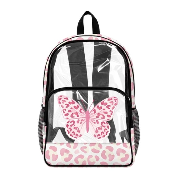 SEANATIVE Kids See Through Backpack Clear Transparent Bag School Bookbag Stylish Daypack PVC Rucksacks for Elementary Middle High School Student, Butterfly Leopard Print Pink