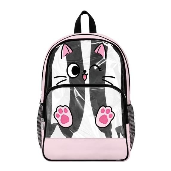 SEANATIVE Kids See Through Backpack Clear Transparent Bag School Bookbag Stylish Daypack PVC Rucksacks for Elementary Middle High School Student, Cute Cat Pattern Pink