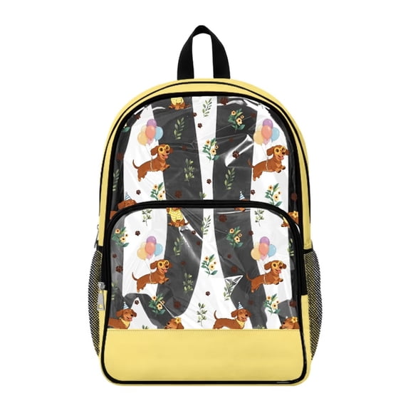 SEANATIVE Kids See Through Backpack Clear Transparent Bag School Bookbag Stylish Daypack PVC Rucksacks for Elementary Middle High School Student, Cute Dachshund Dog Flower