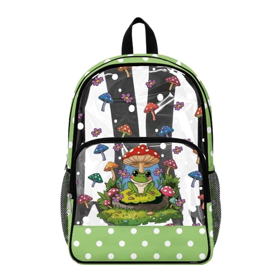 SEANATIVE Kids Transparent Backpack Clear Bookbag See Through Clear Bag for Sport Music Events Travel Security PVC Transparent Backpacks for Boys Girls, Cartoon Frog Mushroom Polka Dots Green