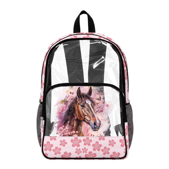 SEANATIVE Kids Transparent Backpack Clear Bookbag See Through Clear Bag for Sport Music Events Travel Security PVC Transparent Backpacks for Boys Girls, Horse Pink Flower