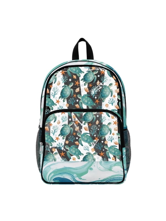 Kids Transparent Backpack Large Capacity Clear Bookbag See Through School Bag Heavy Duty PVC Backpack for Preschool Elementary Students, Sea Turtle Sea Shell Coral Green
