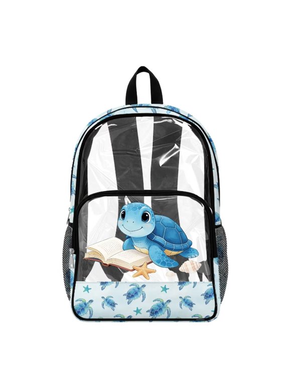 Kids Transparent Backpack Large Capacity Clear Bookbag See Through School Bag Heavy Duty PVC Backpack for Preschool Elementary Students, Sea Turtle Seashell Starfish Book Blue