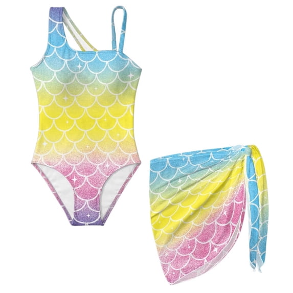 SEANATIVE Kids Two Piece Swimsuit Set with Swimwear & Mesh Cover-up Skirt, Teen Girls Bathing Suits, Size 17-18 Years Old, Rainbow Mermaid Scale Print Blue Yellow Pink Gradient