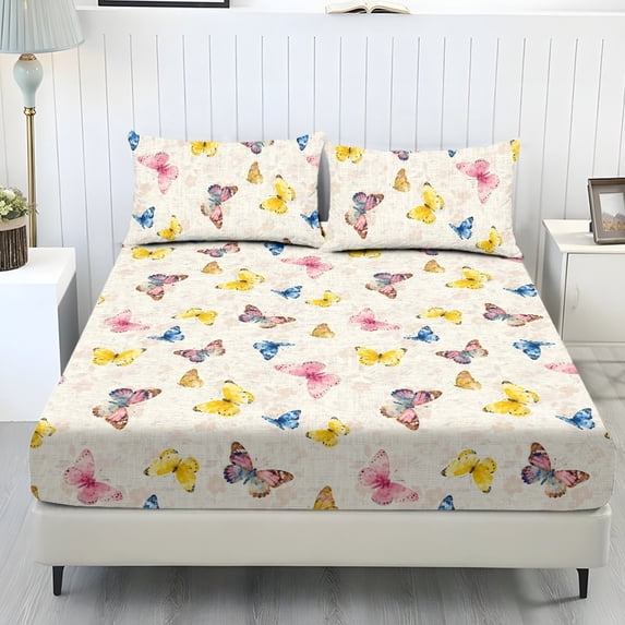 SEANATIVE King Size 3 Piece Bedding Set 1 Soft Fitted Sheet with 2 Pillow Cases Elastic Non-slip Sheet Set Stain-resistant Bed Covers with 9.8 Inches Deep Pocket, Butterfly Beige