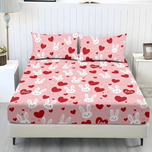 SEANATIVE King Size 3 Piece Sheet Set with 1 Fitted Sheet and 2 Pillowcases Soft Stretchy Polyester Spandex Bedding Set Valentine's Day Bed Covers, Rabbit Heart Shape Love Print Pink