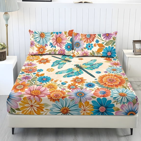 SEANATIVE King Size Sheets 3 Piece Set, Fitted Mattress Cover Pillowcases Elastic Fitted Sheet Set Soft Bed Protector Indoor Dorm Room Decor, Bohemian Dragonfly Daisy