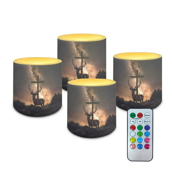 SEANATIVE LED Flameless Candles Set of 4 Multi-Color Battery Operated Fake Flickering Candles with Remote and Timer, for Holiday Festival Wedding Decorations, Deer Cross Galaxy