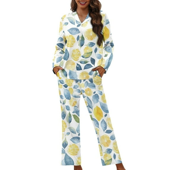 SEANATIVE Lemon Fruit Button Up Pajamas for Women Size S 2 Piece Night Suits Women Pajama Set Womens Button Up Pajamas Long Sleeve Top and Pants Loungewear with Pockets