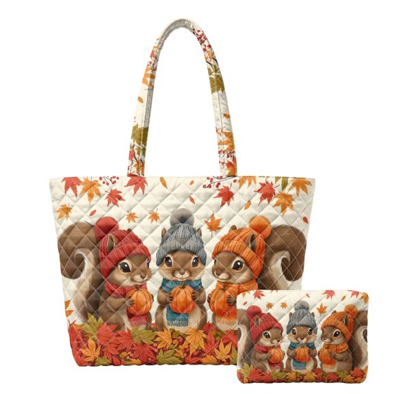 SEANATIVE Lightweight Purses and Handbags Set for Daily, Stretch Polyester Portable Casual Women's Quilted Bag, Autumn Squirrel Maple Leaf