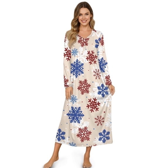 SEANATIVE Long Sleeve Nightgown for Women Cozy Full Length Bedroom Pajama Dress, Soft Sleepshirt Button Front Sleepshirt Nightshirts, 2XL, Snowflake Beige