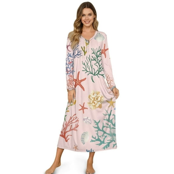 SEANATIVE Long Sleeve Nightgown for Women Cozy Full Length Bedroom Pajama Dress, Soft Sleepshirt Button Front Sleepshirt Nightshirts, XL, Starfish Sea Shell Coral Pink