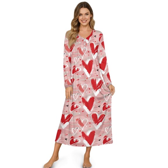SEANATIVE Long Sleeve Nightgown for Women Cozy Full Length Bedroom Pajama Dress, Soft Sleepshirt Button Front Sleepshirt for Valentine's Day, L, Heart Shape Print Pink