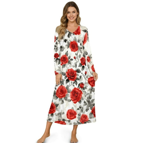 SEANATIVE Long Sleeve Nightgowns for Women Soft Sleepshirt Night Gown, Women's Pajama Dress with Partial Buttons, Cozy Ankle Length Nightdress, XL, Red Rose White
