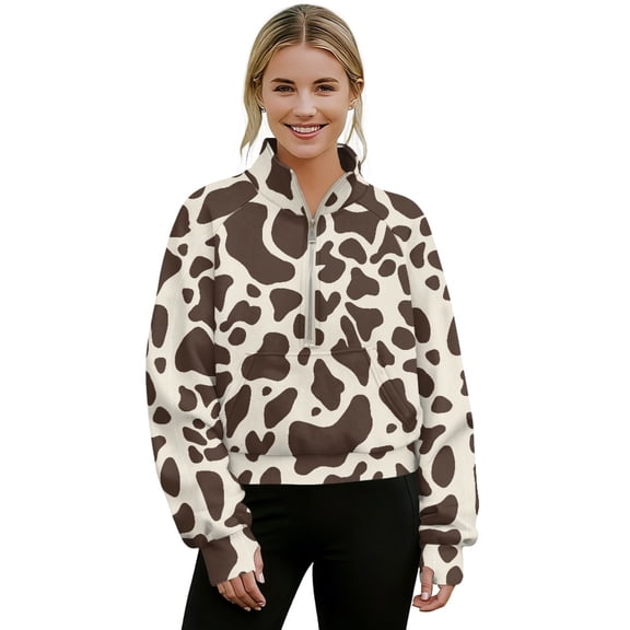 SEANATIVE Long Sleeve Pullover for Women Mock Neck Sweatshirt Soft Cozy Cropped Pullover with Zipper Front Thumb Hole Women's Workout Clothes, M, Cow Print Brown Beige