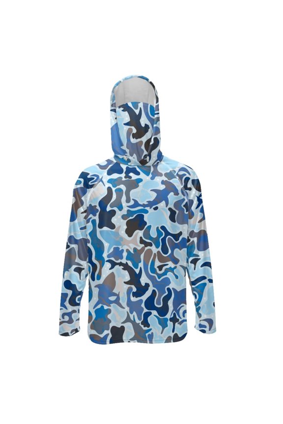 Long Sleeve Sun Protection Fishing Hoodie for Men, Fishing Hiking Running Shirts Athletic Outfits Lightweight Breathable Rash Guard for Summer Beach, M, Shark Camouflage Blue