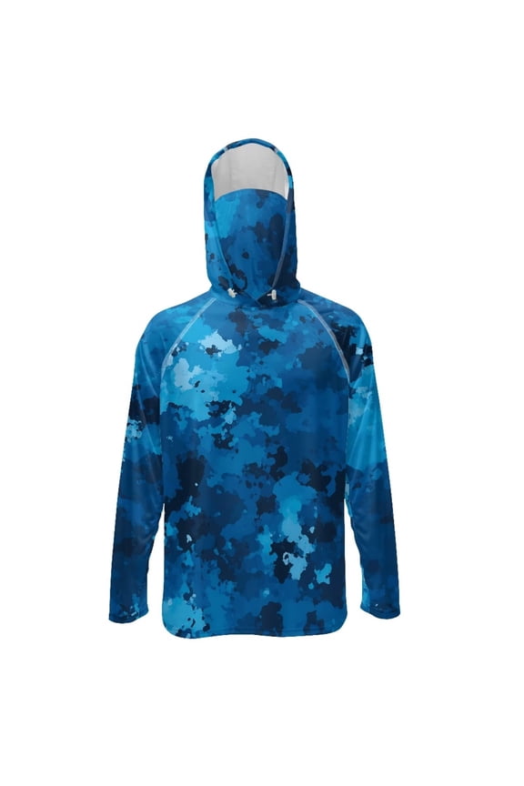 Long Sleeve Sun Shirts for Men Fishing Hiking Running Tops Sun Hoodie Lightweight Breathable Outdoor UV Protection Rash Guard with Face Mask, 4XL, Blue Camouflage