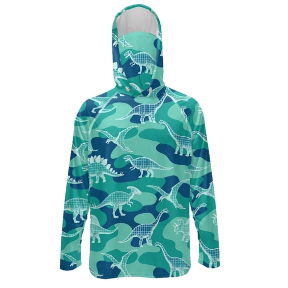 SEANATIVE Long Sleeve Sun Shirts for Men Fishing Hiking Running Tops Sun Hoodie Lightweight Breathable UV Protection Long Sleeve Rash Guard, S, Brachiosaurus Dinosaur Green Teal Camo