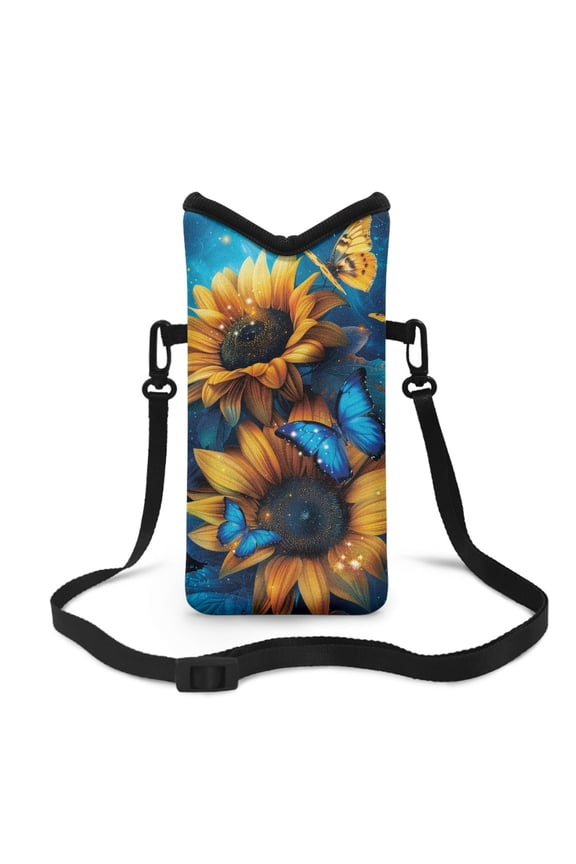 Men Women Cross Body Phone Purse Neoprene Mobile Phone Bag with Adjustable Strap Lightweight Mini Smartphone Purse Travel Essentials for Phone, Keys, Sunflower Butterfly Blue