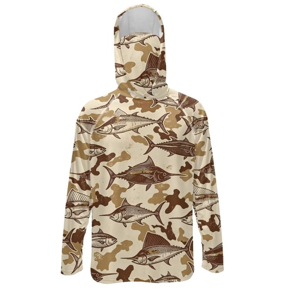 SEANATIVE Men's Fishing Rash Guard, Sun Protection Long Sleeve Fishing Shirt Pullover with Mesh Face Mask Sun Protective Shirt Summer Outfits for Outdoor, L, Fish Camo Brown Beige
