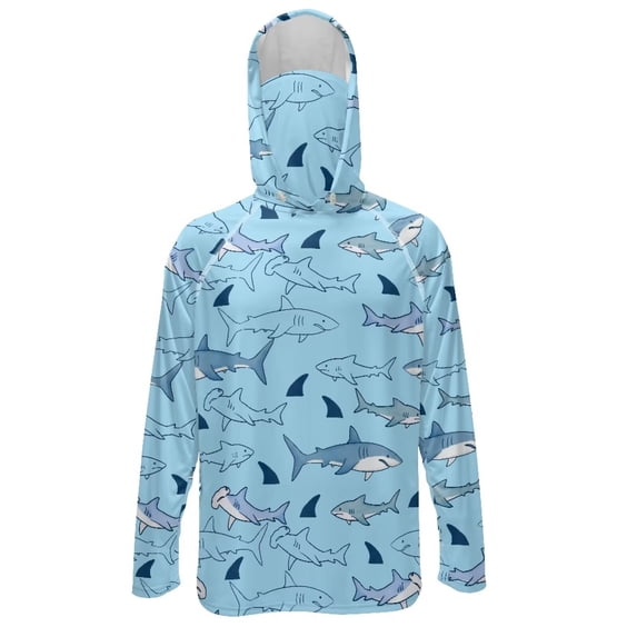 SEANATIVE Men's Fishing Rash Guard, Sun Protection Long Sleeve Fishing Shirt Pullover with Mesh Face Mask Sun Protective Shirt Summer Outfits for Outdoor, XL, Shark Light Blue