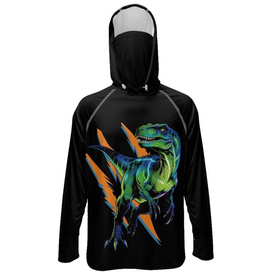 SEANATIVE Men's Hooded Fishing Shirt Sun Protection Full Coverage Running Fishing Hoodie UV Protection Long Sleeve Hiking Clothes with Mesh Face Mask, L, T-Rex Black