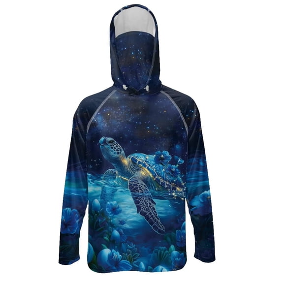 SEANATIVE Men's Hooded Fishing Shirt Sun Protection Full Coverage Running Fishing Hoodie UV Protection Long Sleeve Hiking Clothes with Mesh Face Mask, M, Sea Turtle Flower Galaxy Blue