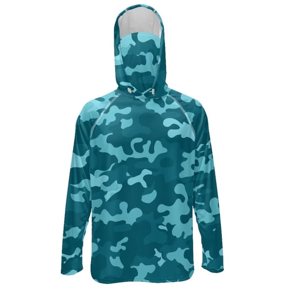 SEANATIVE Men's Sun Hoodie for Fishing, Long Sleeve Shirt UV Protection Cooling Full Coverage Fishing Pullover Top with Built-in Face Mask Neck Gaiter, 3XL, Teal Camouflage