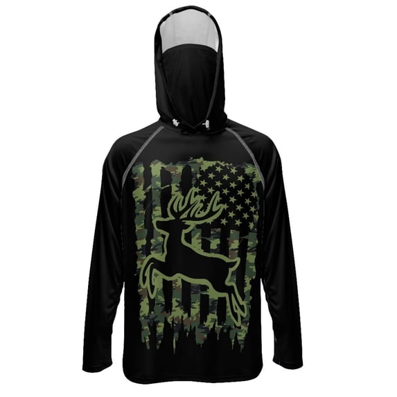 SEANATIVE Men's Sun Hoodie for Fishing, Long Sleeve Shirt UV Protection Cooling Full Coverage Fishing Pullover Top with Built-in Face Mask Neck Gaiter, S, Deer American Flag Camo Green