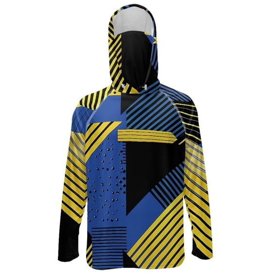 SEANATIVE Men's UV Protection Sun Hoodie Long Sleeve Fishing Tops Hiking Running Shirt Multi-Use Outdoor Sports Casual Top Summer Fall Outfits, M, Abstract Pattern Blue Yellow Black