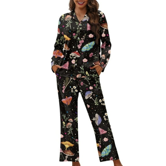 SEANATIVE Mushroom Moth Button Up Pajamas for Women 2 PCS Women Loungewear Set Winter Size 4XL Long Sleeve Sleepwear Pajamas Aesthetic Womens Button Down Pajama Sets