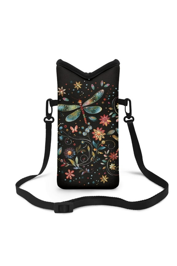 Neoprene Cross Body Phone Bag Pouch for Women Men Waterproof Small Crossbody Bag Protective Smartphone Case Pouch for Cellphone, Keys, Earbuds, Passport, Dragonfly Flower Black