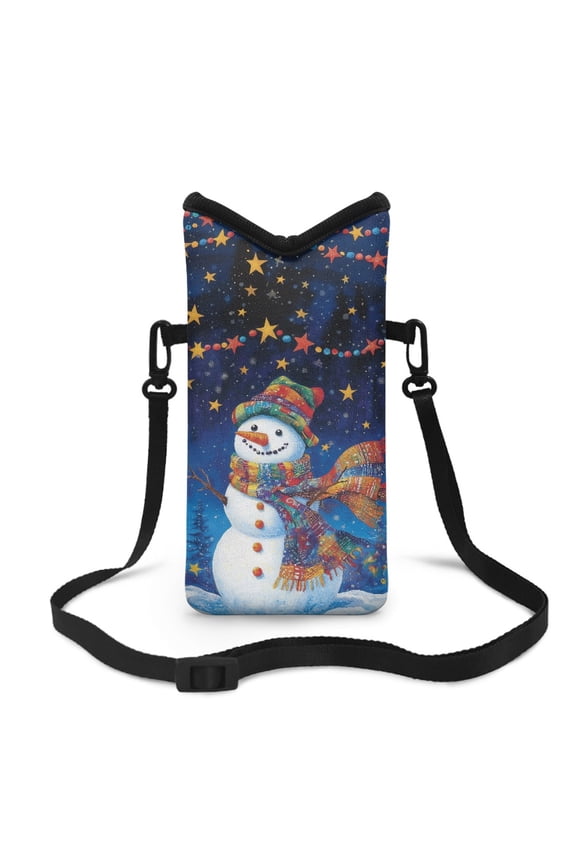 Neoprene Crossbody Bag Water-Resistant Small Phone Bag with Detachable Shoulder Strap Shockproof and Waterproof for Traveling, Hiking, Walking, Snowman Star Christmas Night Scene Print