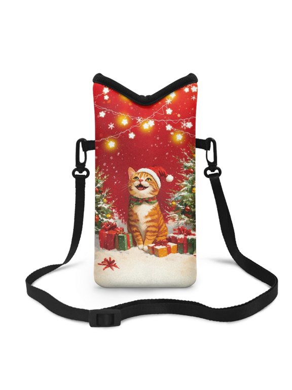 Neoprene Crossbody Phone Bag Shockproof Small Shoulder Bag Portable Mini Travel Bag With Removable Shoulder Strap for Travel Walking, 8 x 4 inch, Christmas Hat Cat Star String Light Red