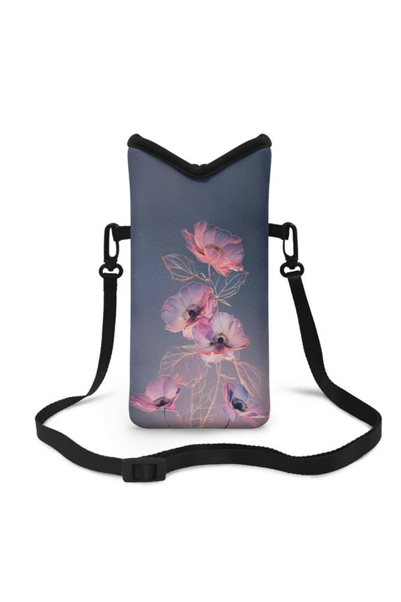 Neoprene Crossbody Phone Bag Small Shoulder Bag Lightweight Travel Bag With Removable Adjustable Strap for Cellphone, Keys, Lipstick, Power Bank 8 x 4 inch, Pink Flower Gray