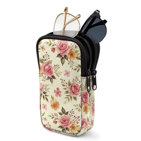 SEANATIVE Neoprene Double Eyeglasses Case for Men Women Zip Sunglasses Organizer Lightweight Eyewear Storage Pouch Portable Glasses Bag for Travel Office Outdoor, Pink Rose Floral Print Beige