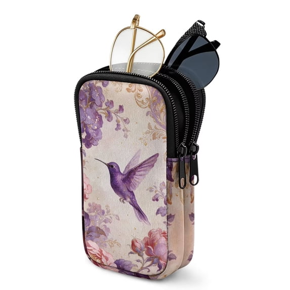 SEANATIVE Neoprene Double Glasses Case Dual Compartment Eyeglasses Sunglasses Holder for Women Men, Glasses Organizer with Zipper Closure, Eyewear Storage Bag, Hummingbird Flower Violet Beige