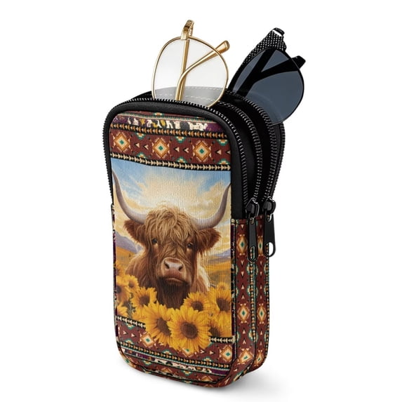 SEANATIVE Neoprene Eyewear Pouch Zipper Glasses Case Shockproof Anti-Scratch Eyeglasses Case Lightweight Women Men Sunglasses Holder Bag for Outdoor Office Travel, Aztec Highland Cow Sunflower