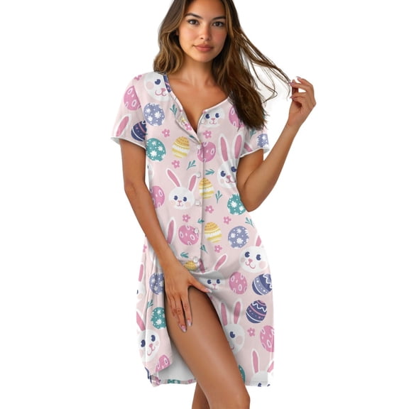 SEANATIVE Nightgowns for Women Button Up Housecoat Short Sleeve Sleepwear Comfortable Nightshirt Knee Length House Dress for Bedtime Lounging Home, S, Cute Easter Bunny Rabbit Eggs Flower Pink