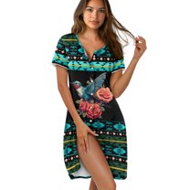 SEANATIVE Nightgowns for Women Cozy Sleep Shirts Short Sleeve Pajama Dress Button Down Nightshirt Relaxed Sleepwear Housedress Lounge Dress Housecoats, XS, Tribal Hummingbird Rose Black Teal
