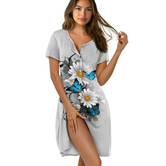 SEANATIVE Nightgowns for Women Short Sleeve Sleep Gown Button Down Nightshirt Loungewear Pajama Dress Cozy Nightwear Elegant Sleepshirts for Relaxed Days at Home, XL, Daisy Butterfly Gray