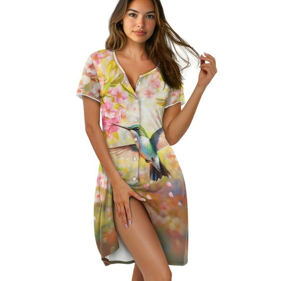 SEANATIVE Nightgowns for Women Short Sleeves Pajama Dress Comfortable House Robe Button Down Nightdress Sleepshirt Nightdress Crew Neck Housewear Sleep Dress, L, Hummingbird Flower Pattern