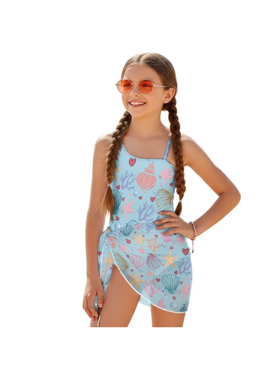 One Piece Bathing Suit for Girls Mesh Cover-up Skirt Cutout One Shoulder Beach Swimsuits with Adjustable Strap, Size 11-12 Years Old, Starfish Coral Sea Shell Heart Pattern Blue