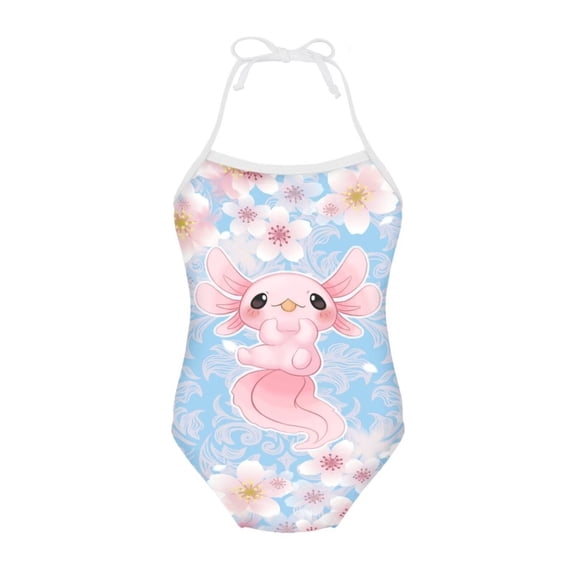 SEANATIVE One Piece Bathing Suit Size 9-10 Years Cherry Blossom Axolotl Beach Swimwear for Vacation Quick Dry Lace Up Swimsuit for Kids Girls