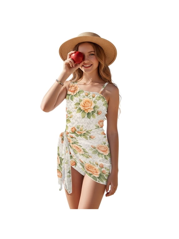 One Piece Swimsuit for Girls Cut Out Design Bathing Suit 2 Pieces Swim Suit Including Swimwear and Sarong Coverup for Beach Seaside, 17-18 Years, Rose Leaf