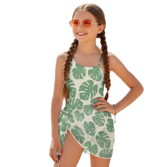 SEANATIVE One Piece Swimsuit for Girls Cut Out Design Bathing Suit 2 Pieces Swim Suit Including Swimwear and Sarong Coverup for Beach Seaside, 7-8 Years, Monstera Leaf Green Beige