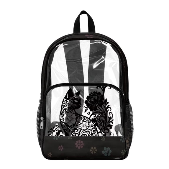 SEANATIVE PVC Clear Backpack for Kids Heavy Duty Transparent Bookbag See Through School Daypack Students Laptop Backpacks for Girls Boys, Floral Black Cat