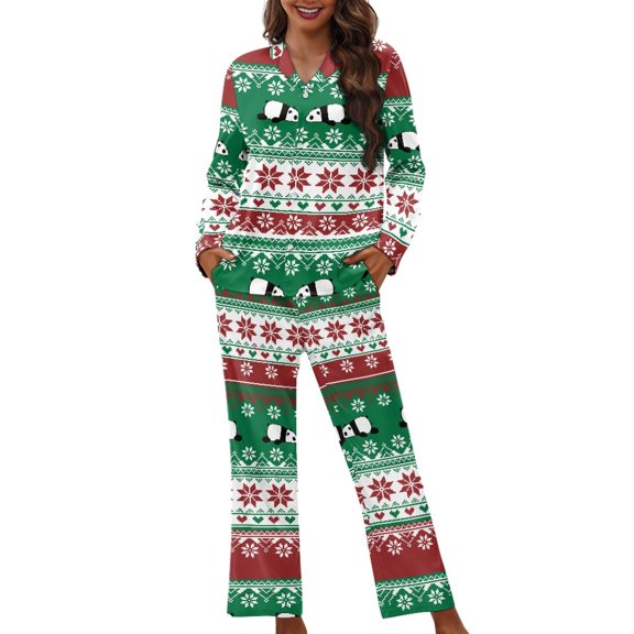 SEANATIVE Panda Snowflake Womens Button Up Pajamas Size XS Christmas Pjs for Women Set of 2 Long Sleeve Sleepwear Pj Loungewear Tops and Pants Set Xmas Jogger Outfits