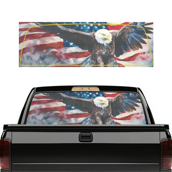 SEANATIVE Patriotic Decor Rear Window Decals for Trucks 66 x 22 Inch Pickup Back Window Tint Graphic See Through Vinyl Wrap Sun Block Coverage for Car Decor, American Flag Eagle