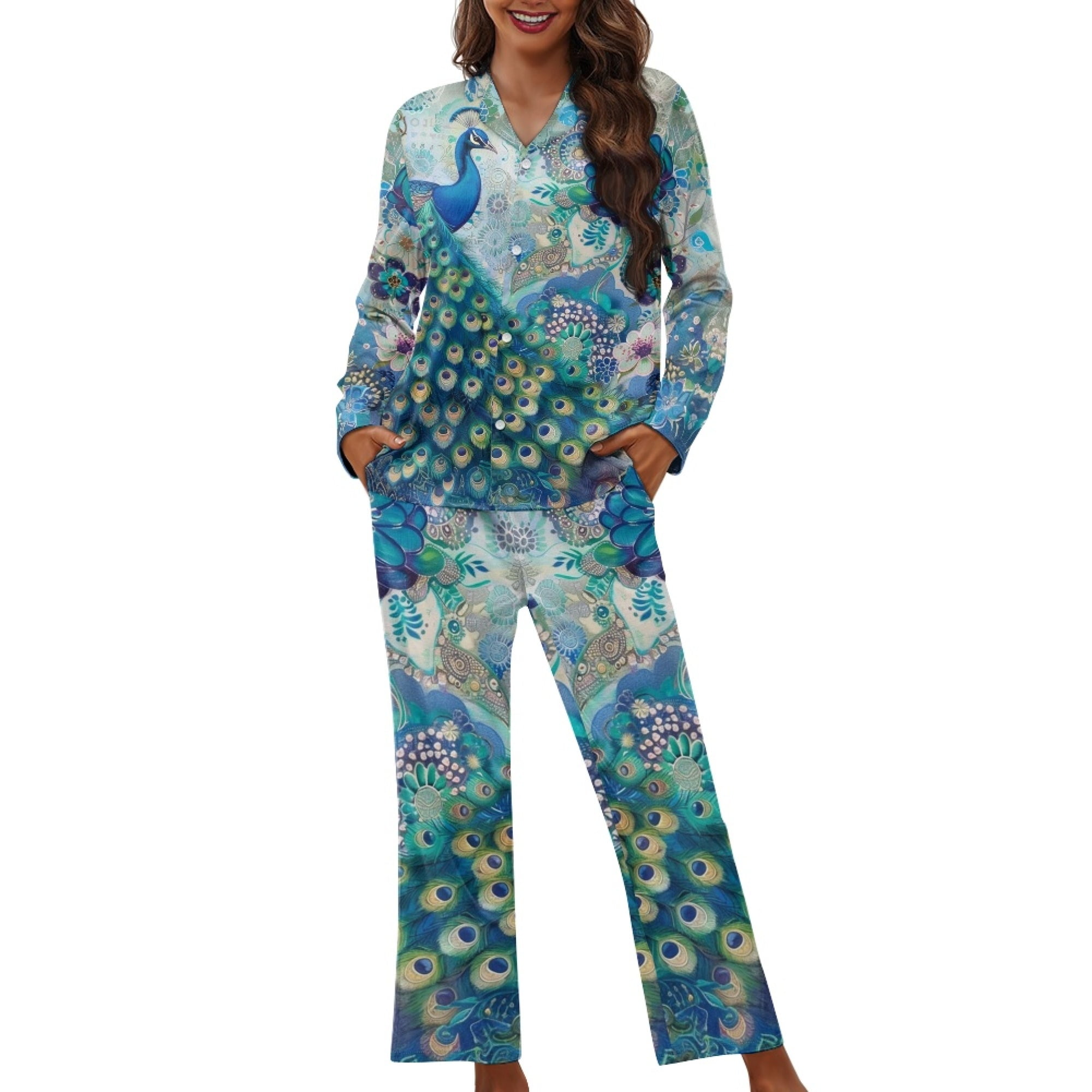 SEANATIVE Peacock Button Up Pajamas for Women Size 4XL Women Loungewear ...